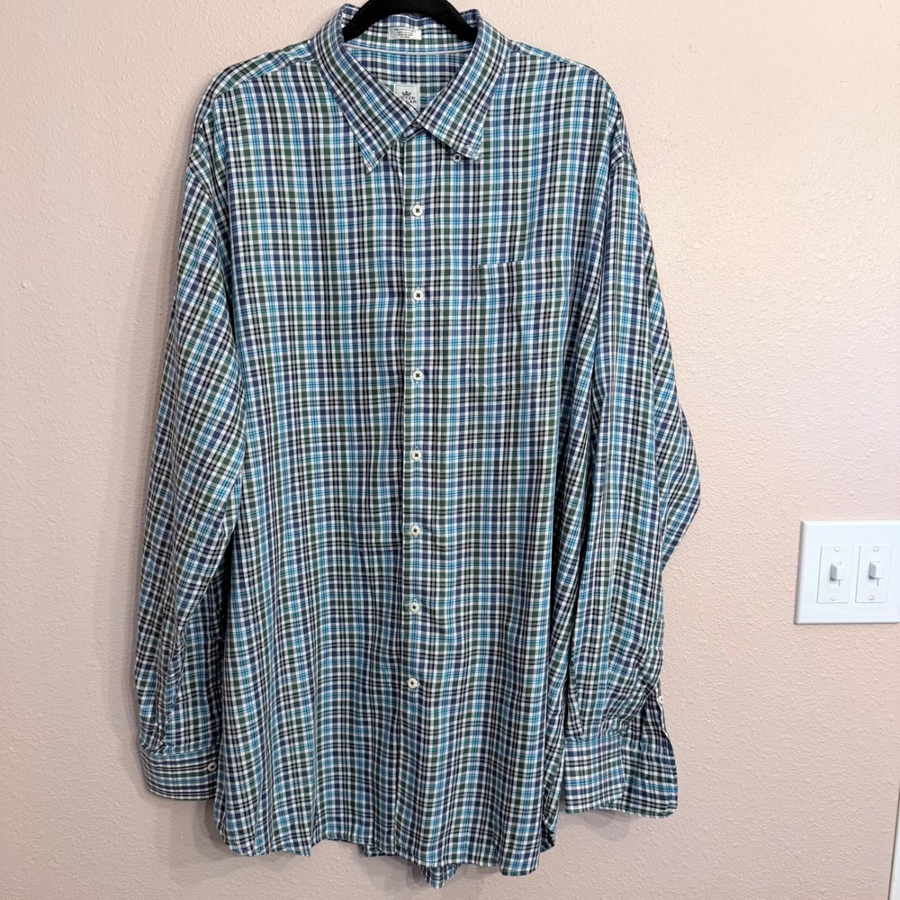 Peter Millar Mens XXL Tall Blue Green Plaid Cotton Button Down Shirt Long Sleeve